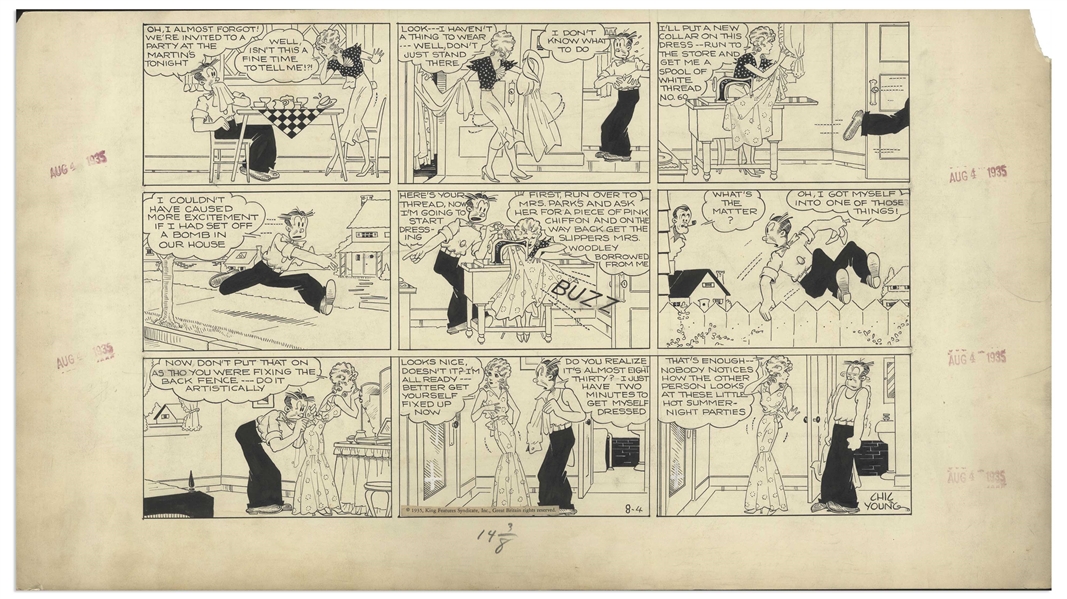 Chic Young Hand-Drawn ''Blondie'' Sunday Comic Strip From 1935 -- A Hot Summer Night Party Puts Dagwood in a Tailspin